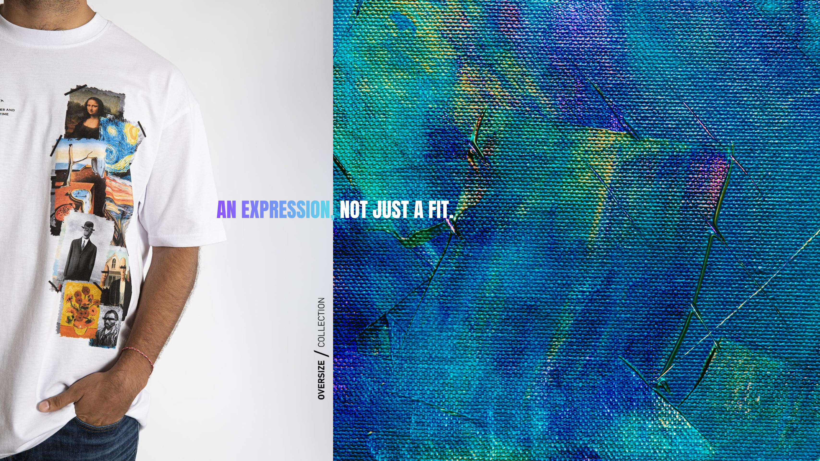 Person wearing a white t-shirt with a graphic design next to an abstract blue painting.
