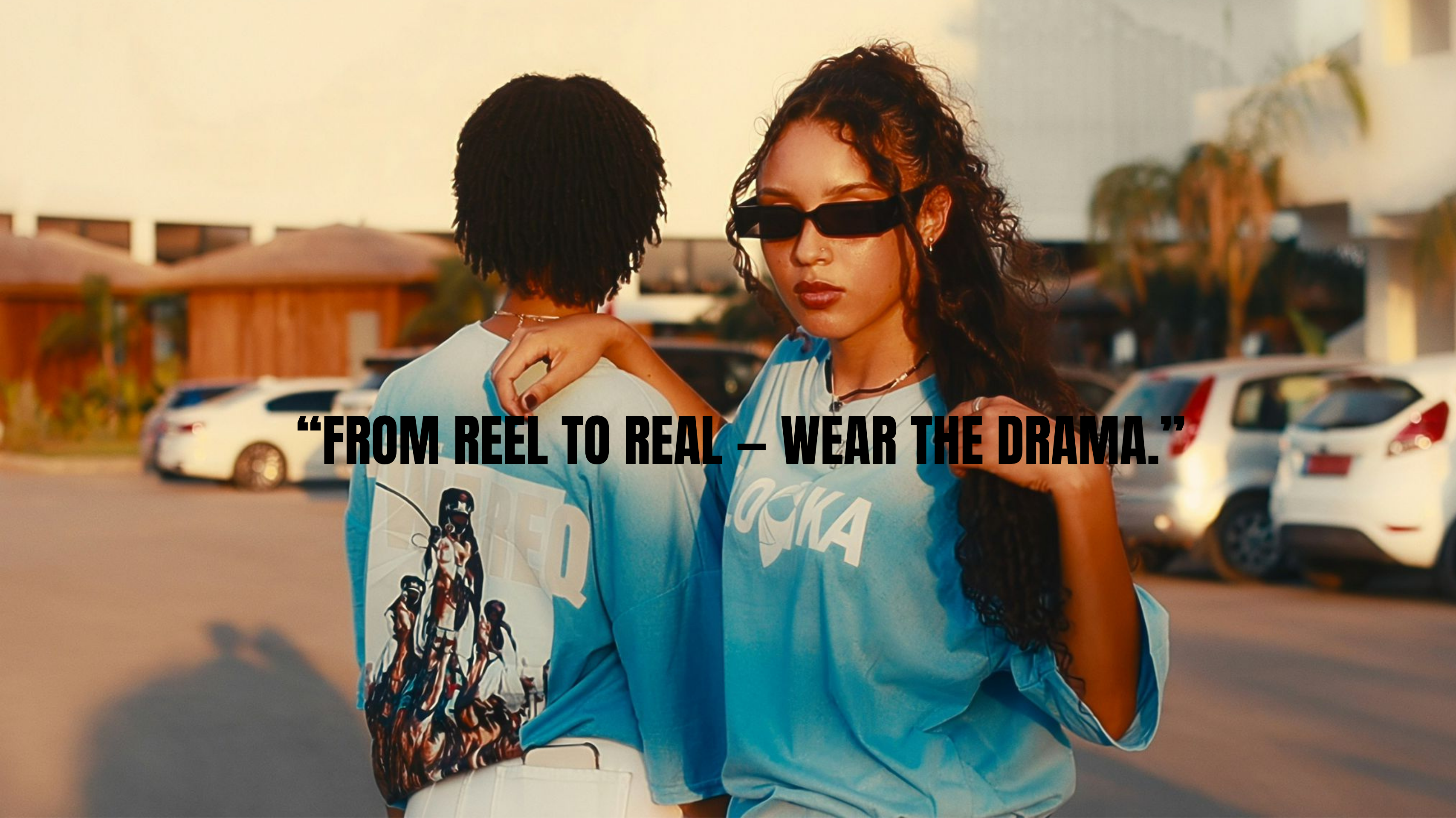 Two people standing close together with a quote overlay in an outdoor setting.