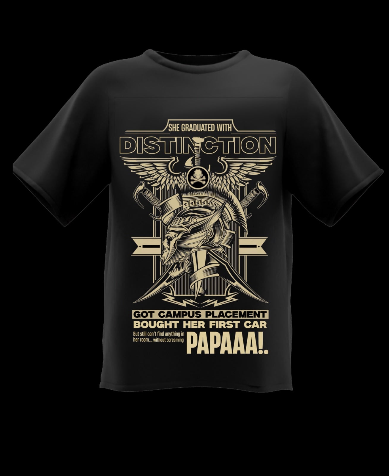 Black t-shirt with a graphic design and text on a black background