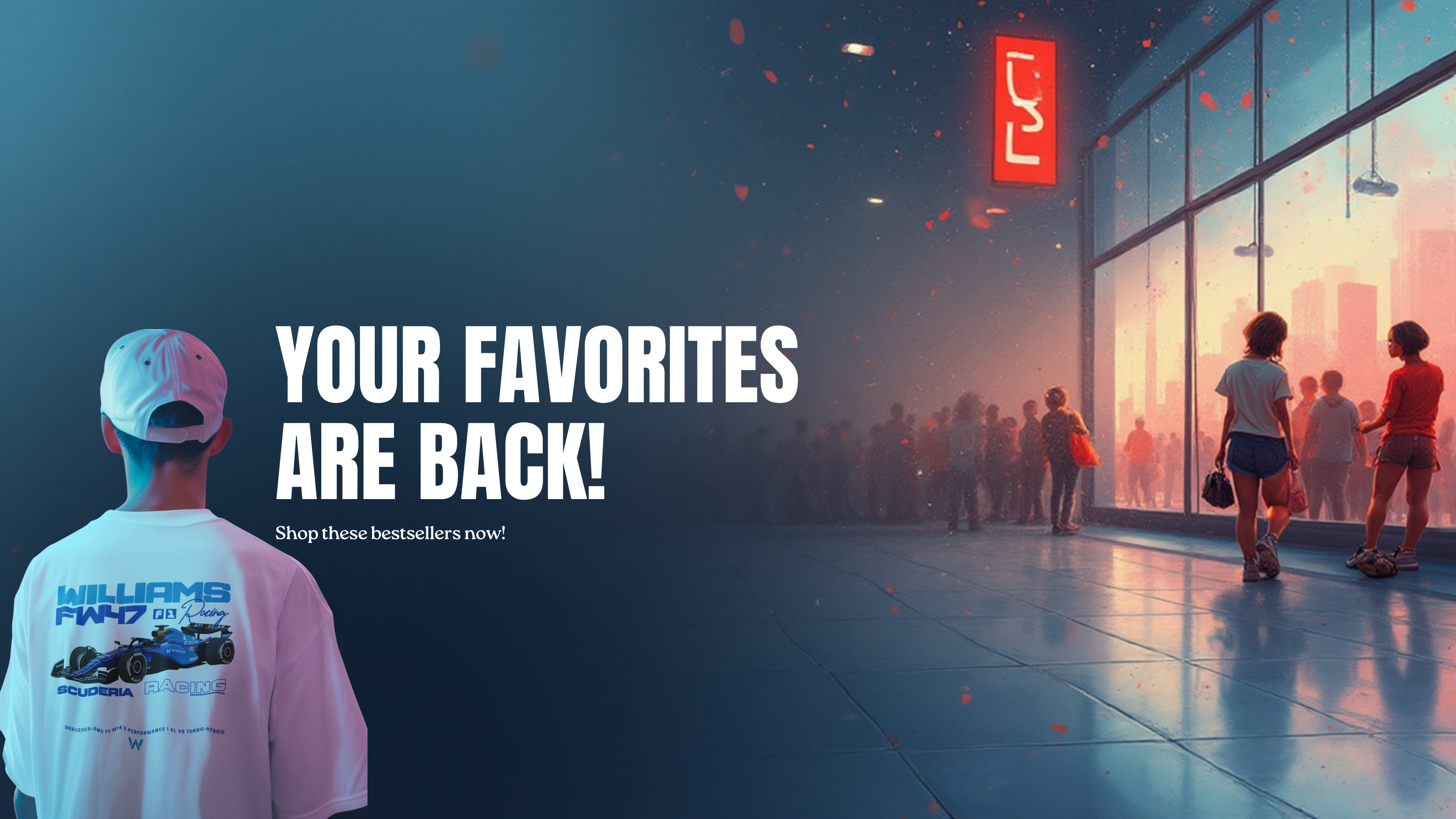 Person wearing a white t-shirt with a logo, standing in a futuristic cityscape with a store entrance.