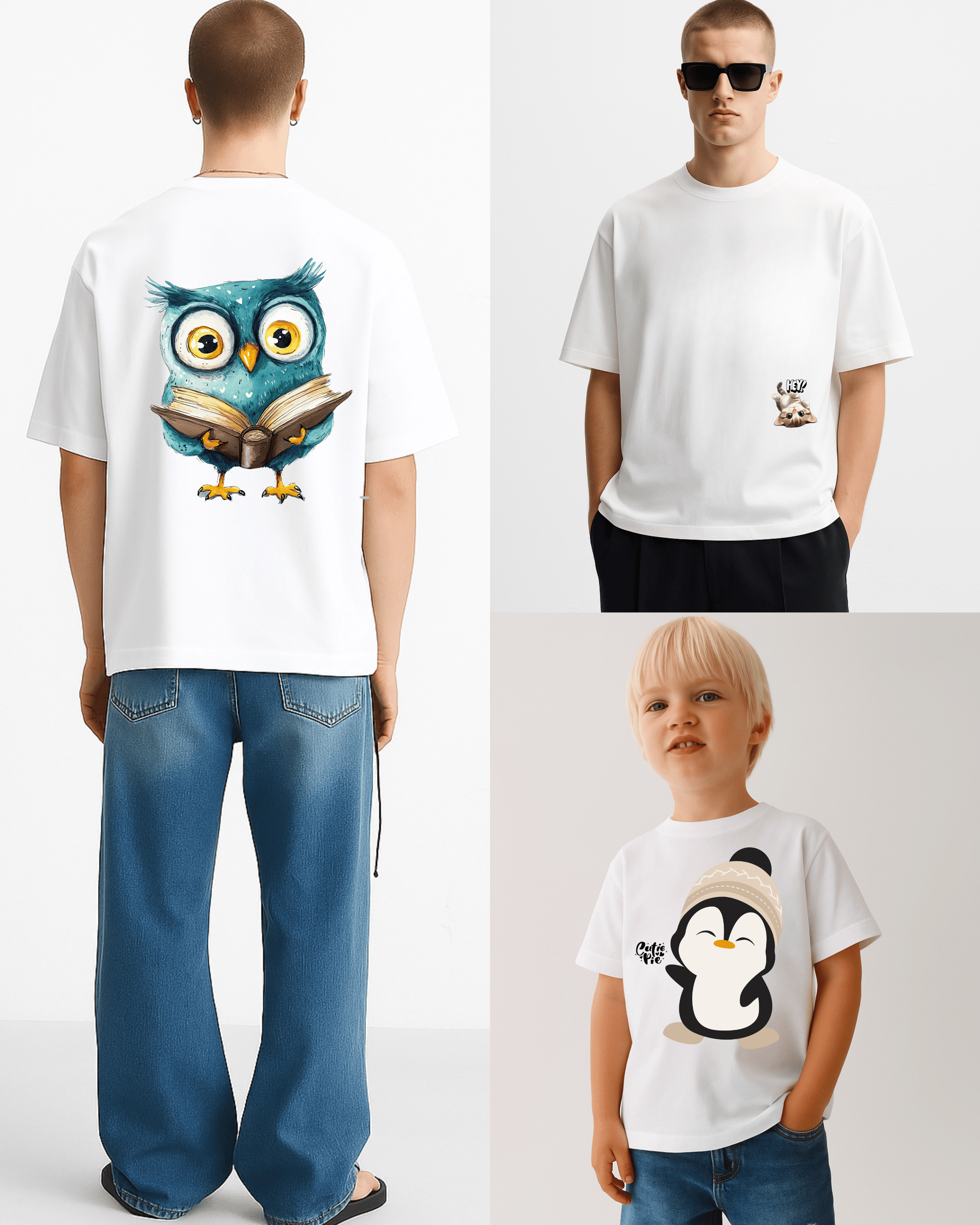 Two men and a child wearing white t-shirts with different designs on a white background