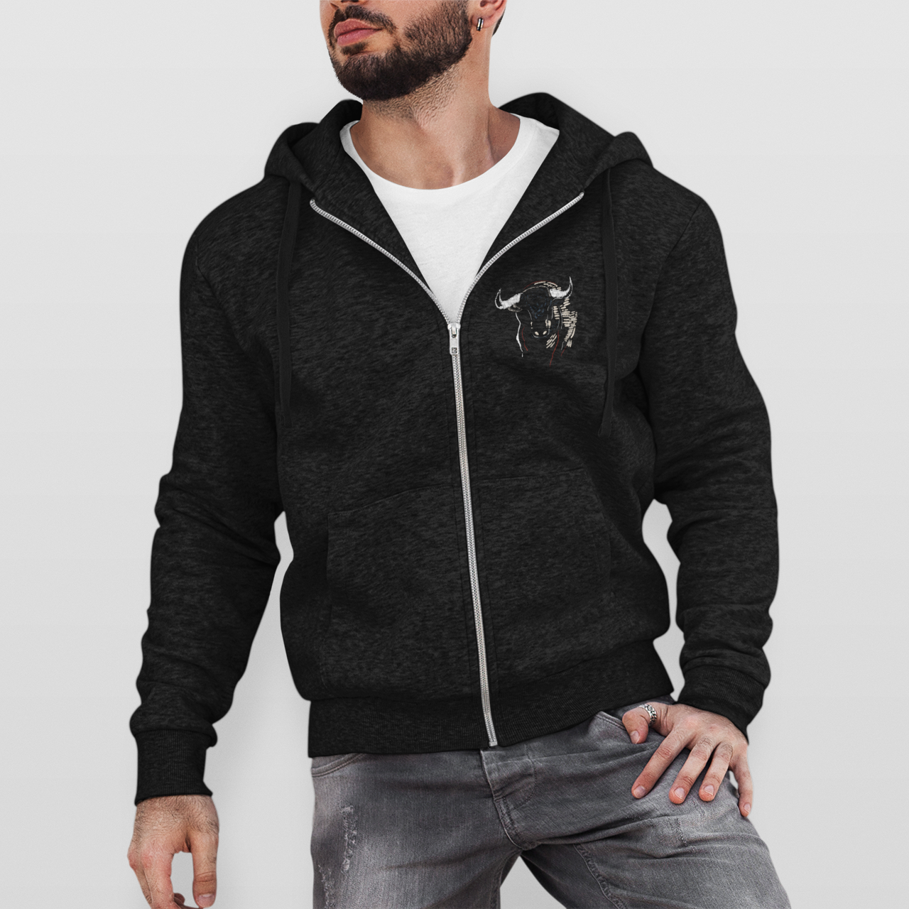 Man wearing a black hoodie with a white background