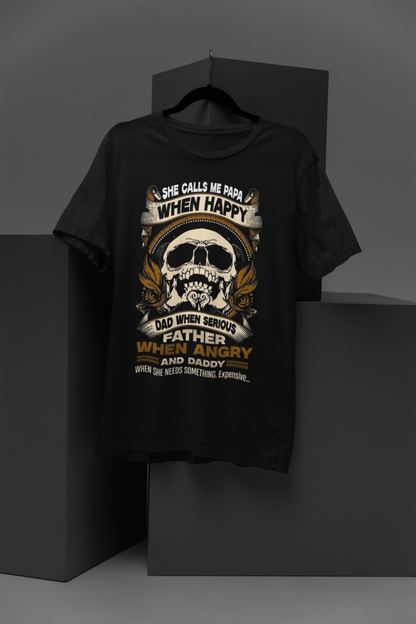 Black t-shirt with skull design and text on a dark background